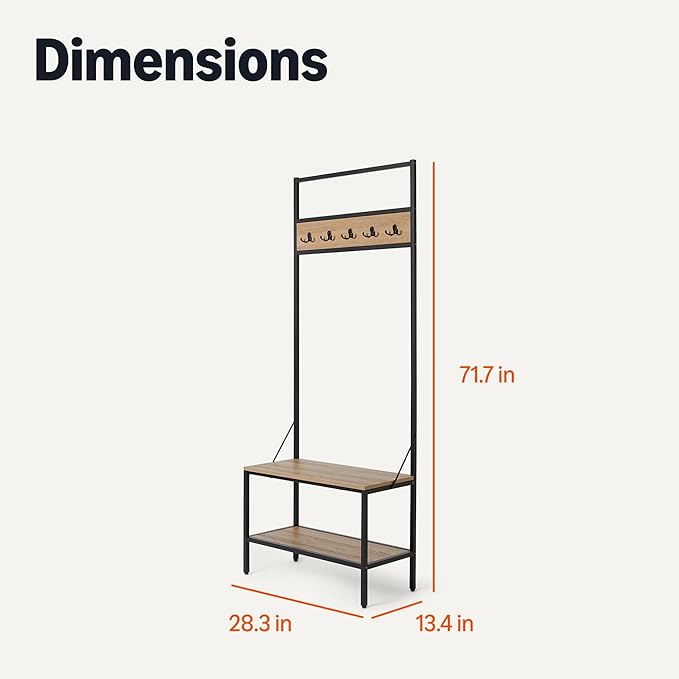 Amazon Basics Entry Bench with Hooks, Hall Tree with Shoe Storage Bench, Steel Frame, Oak Finish