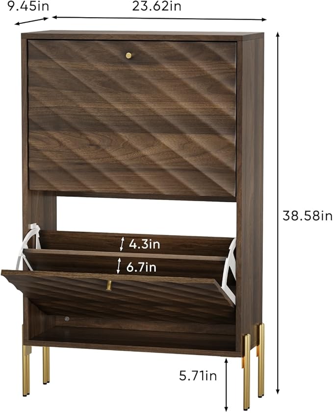 Vibe & Dine 2 Flip Drawer Shoe Cabinet, Modern Shoe Organizer for Entryway Slim, Freestanding Wood Shoe Rack Cabinet for Hallway, Bedroom, Living Room, Black Walnut