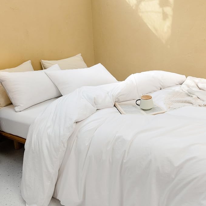 FOSSA Duvet Cover Set 100% Washed Cotton Linen Feel Super Soft Breathable Cozy 3 Pieces Bedding Sets Solid Off White Super King