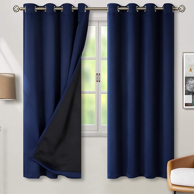 BGment Thermal Insulated 100% Blackout Curtains for Bedroom with Black Liner, Double Layer Full Room Darkening Noise Reducing Grommet Curtain (52 x 72 Inch, Navy Blue, 2 Panels)