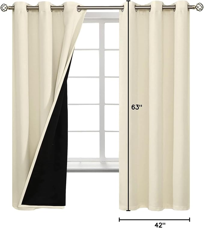 BGment Cream 100% Blackout Curtains for Bedroom 63 Inch Length 2 Panels Set, Thermal Insulated Full Light Blocking Grommet Noise Cancelling Window Curtains&Drapes with Black Liner, 42 Inch Wide Each