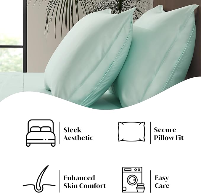 Luxury Bamboo Market | Queen Size Bed Sheet Set | 100% Viscose Made from Bamboo | Organically Grown | Ultra Soft | Cooling Sheets for Hot Sleepers | 17" Deep Pocket [Coastal Green]