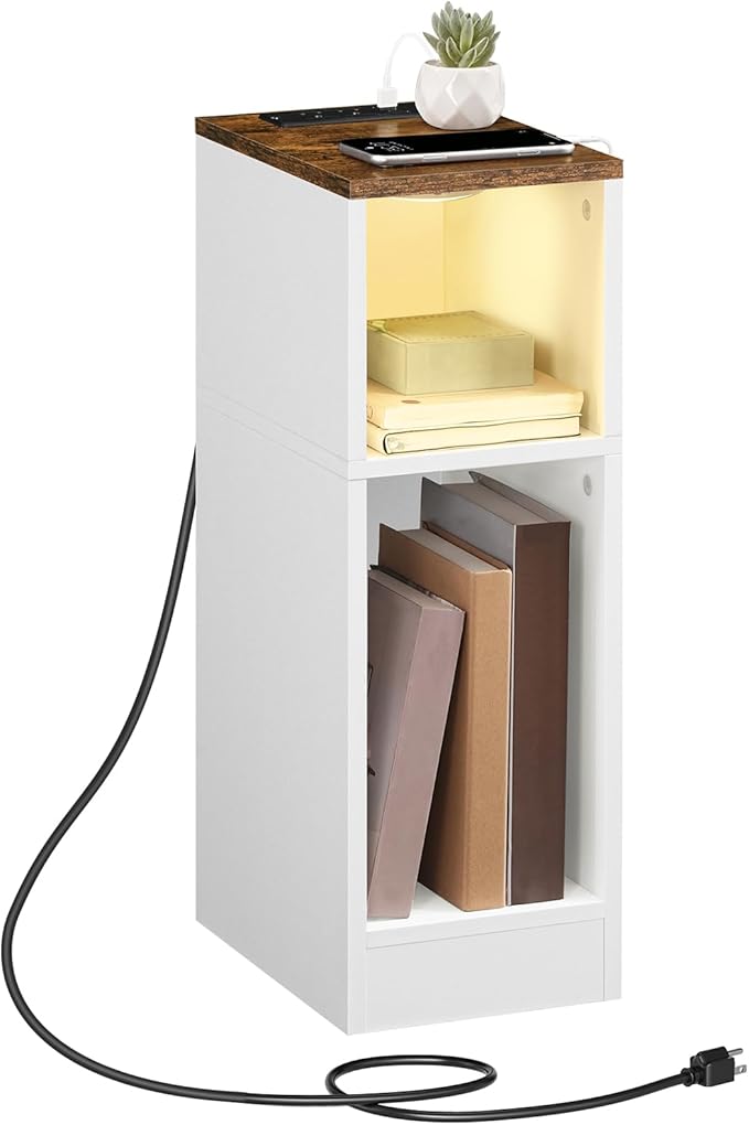 Narrow Nightstand, Slim End Table with Charging Station and LED Sensor Light, Modern Side Table, Bedside Table, for Small Spaces, Living Room, Bedroom, Rustic Brown and White ETBR30E01