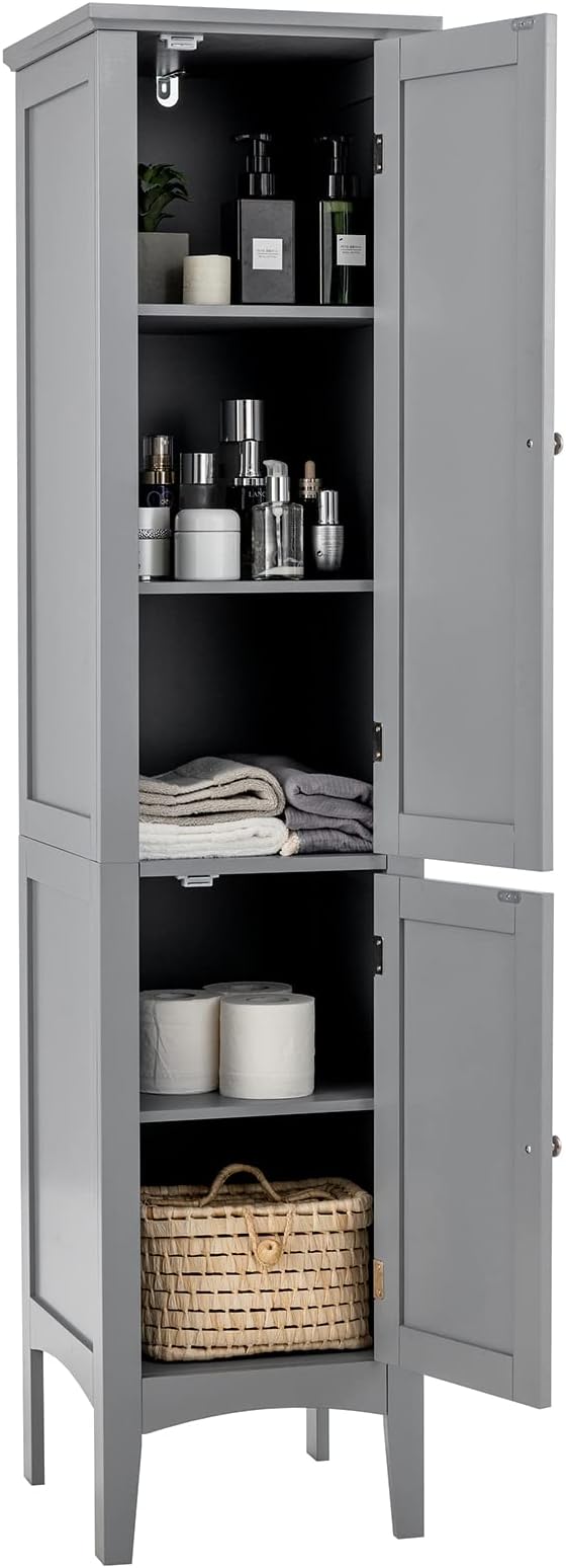 Tangkula Tall Bathroom Storage Cabinet, 5-Tier Wooden Freestanding Tower Cabinet Floor Organizer, Narrow Storage Floor Cabinet w/2 Doors & Shelves for Bathroom Living Room Kitchen (Grey)