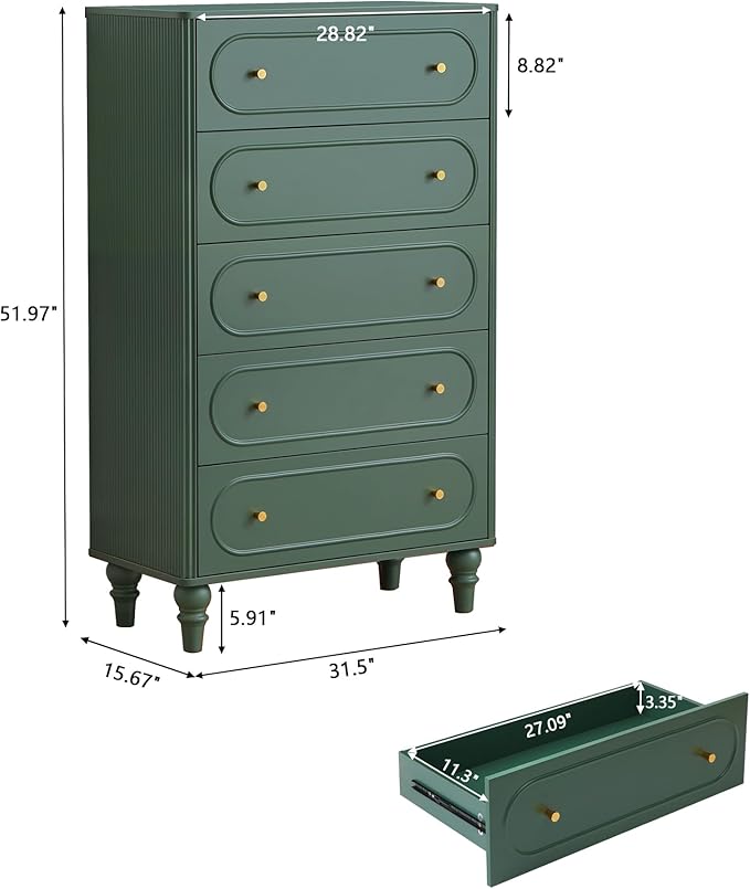 5 Drawer Fluted Dresser for Bedroom, Mid Century Modern Chest of Drawers, Wood Storage Large Dresser Organizer for Bedroom Living Room Hallway Closet, Green