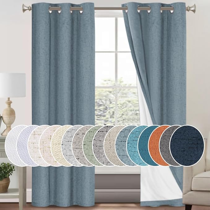 PrinceDeco 100% Blackout Linen Textured Curtains for Bedroom Linen Blackout Curtains 84 Inches Length 2 Panels Set Noice Reducing Soundproof Window Treatment Drapes with White Liner,Stone Blue