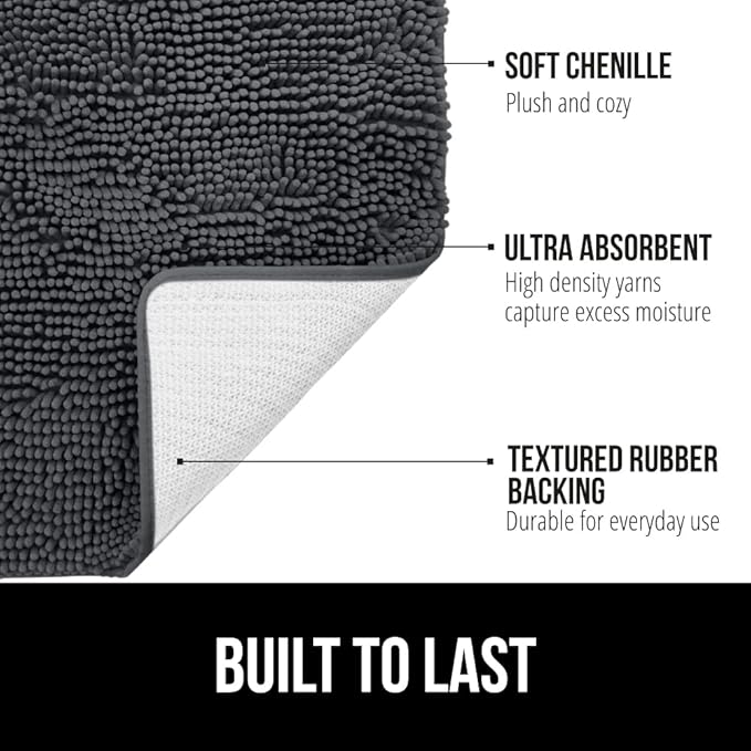 GORILLA GRIP Bath Rug Mat 48x24, Soft Absorbent Chenille, Quick Dry Microfiber Mats, Rubber Backing Washable Shower Floor Rugs, Bathmat Runner, US Designed Bathroom Home Decor Accessories Charcoal
