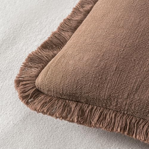 MIULEE Linen Fringe Decorative Fall Throw Pillow Covers Dark Coffee 20x20 - Image 3