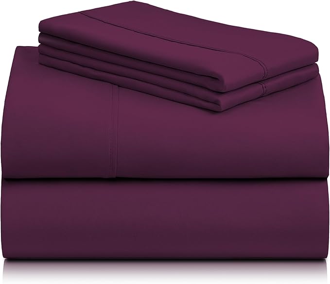 LuxClub 4 PC Queen Sheet Set, Deep Pockets Wrinkle Free Cooling Bed Sheets Hotel Bedding for Women, Men, Includes 1 Fitted Sheet, 1 Flat Sheet and 2 Pillowcases-Silky Soft Eggplant