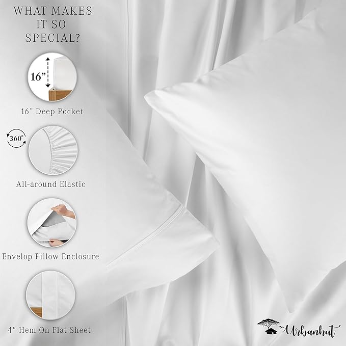 URBANHUT 800 Thread Count 100% Cotton Queen Size Sheets, Luxury 4 Piece Queen Bedsheets, Hotel Sheets Sateen Finish - Better Than Egyptian, 16" Elasticized Deep Pocket - White
