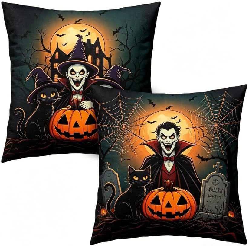 Halloween Throw Pillow Covers, Vampire and Black Cat Spooky Design, 18x18 Inch by Unknown