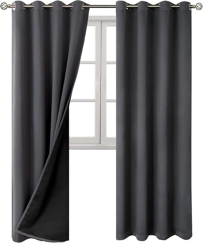 BGment 100% Blackout Curtains 108 Inch Long 2 Panles Set, Thermal Insulated Total Light Locking Soundproof Grommet Curtains & Drapes for Living Room with Black Liner, 52 Inch Wide Each, Dark Grey