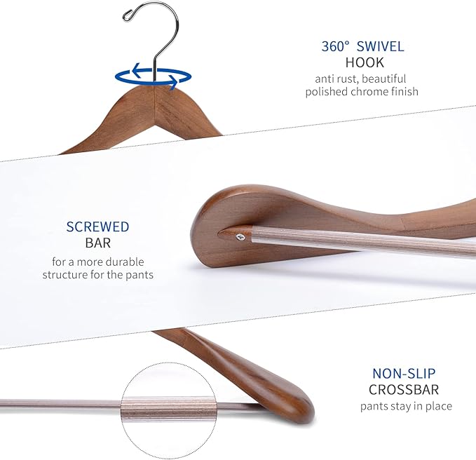 Nature Smile Luxury Wooden Suit Hangers 12 Pack Wood Coat Hangers Jacket Outerwear Shirt Hangers,with Extra-Wide Shoulder, 360 Degree Swivel Hooks & Anti-Slip Bar with Screw(Retro Color)