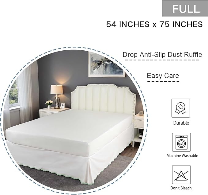 HIG Off-White Chic Full Bed Skirt - Easy Fit Scallop Edge Pleated Bedskirts, 14 Inch Drop Anti-Slip Dust Ruffle, Thick Fabric for Enhanced Privacy, Pre-Washed for Long-Lasting Use(N60022)