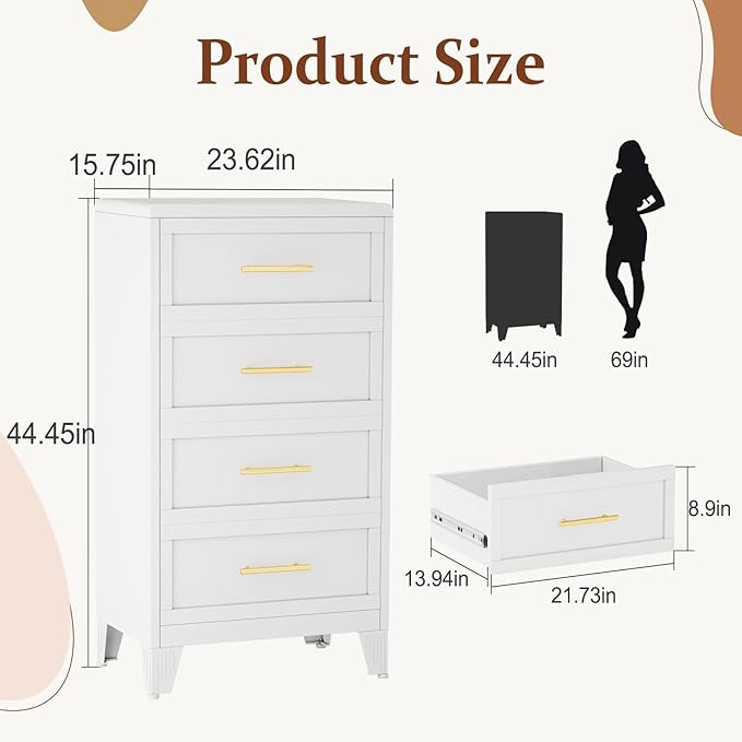 Metal Dresser for Bedroom Tall, White Dressers & Chest of Drawers, 4 Drawer Dresser with Curved Corner, Storage Cabinet with Drawers for Living Room, Entryway, Home Office (White, 24" W)