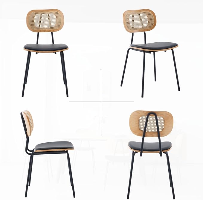 HEAH-YO Modern Dining Chairs Set of 6, Upholstered Faux Leather Dining Room Chairs with Rattan Backrest and Metal Legs, Armless Kitchen Chairs for Dining Room, Black