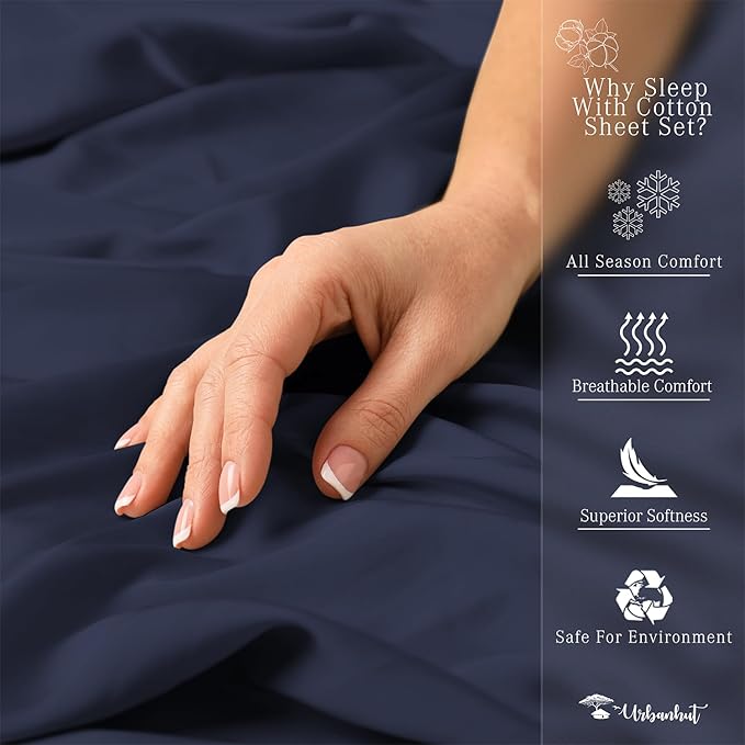 URBANHUT 800 Thread Count 100% Cotton Twin Size Sheets, Luxury 4 Piece Twin Bedsheets, Hotel Sheets Sateen Finish - Better Than Egyptian, 14" Elasticized Deep Pocket - Navy Blue
