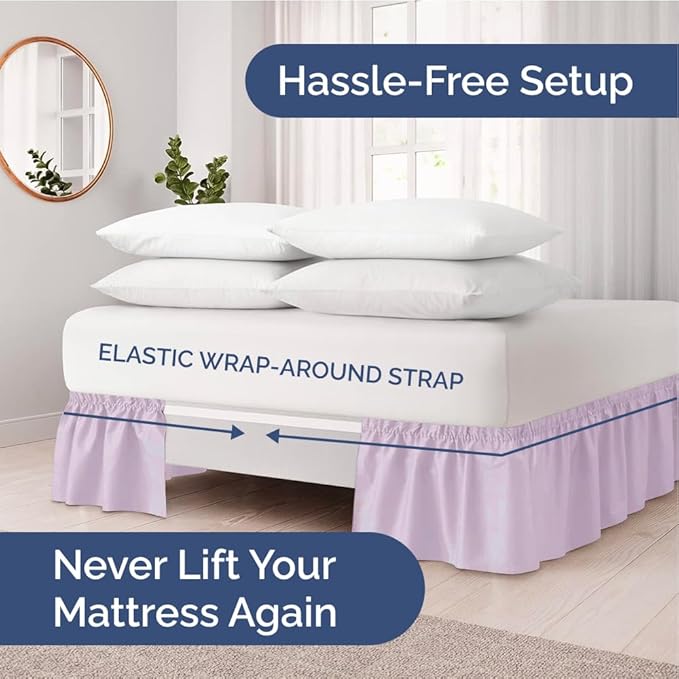 Wrap Around Dust Ruffle Bed Skirt - Light Lavender - for King Size Beds w/ 12 Inch Drop - Easy Fit Elastic Strap - Adjustable Pleated Bedskirt w/Brushed Fabric Wrinkle Free, Women, Men, Kids & Teens