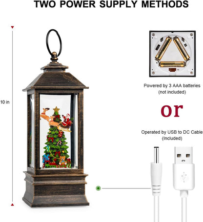 10'' Musical Snow Globe Lantern Lighted Christmas Tree and Flying Santa Water Lantern Swirling Glittering Home Decoration and Gift, Battery Operated or USB Powered