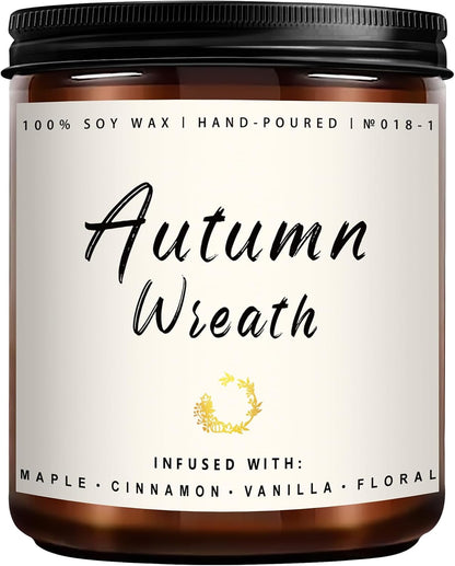 Auelife Fall Candle, Autumn Wreath Scented Soy Candles for Home, Aromatherapy Candle Gift Set for Women & Men, Cozy Fall Décor, 7oz – Perfect for Autumn Relaxation and Home Ambiance