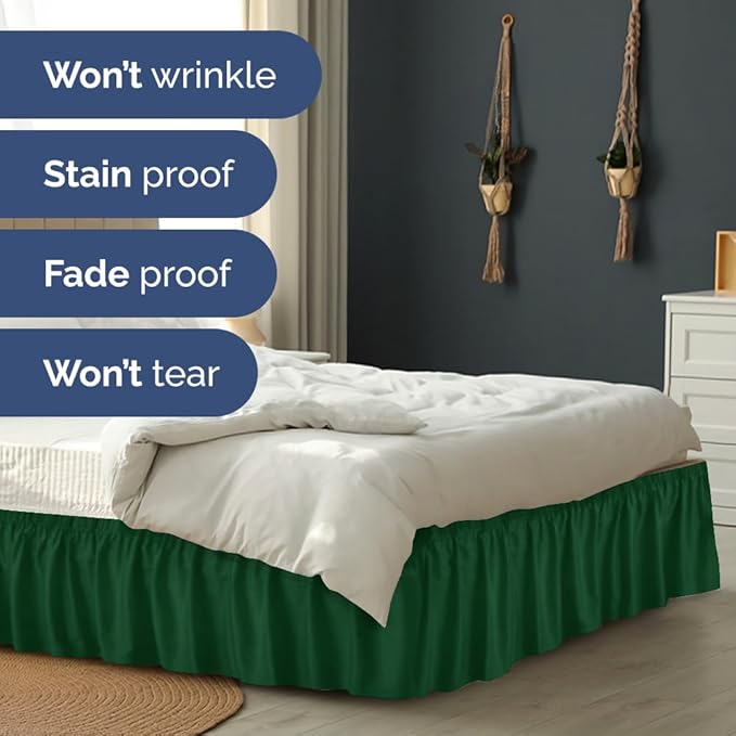 Wrap Around Dust Ruffle Bed Skirt - Emerald - Twin/Twin XL Size Beds w/ 12 Inch Drop - Easy Fit Elastic Strap - Adjustable Pleated Bedskirt w/Brushed Fabric - Wrinkle Free - Women, Men, Kids & Teens