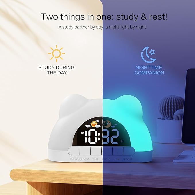 LED Alarm Clock, Little Bear Alarm Clock, Sleep Training Clock for Toddlers with 11 Colors Night Light for Bedroom, Sound Machine, Birthday Gift for Boys Girls