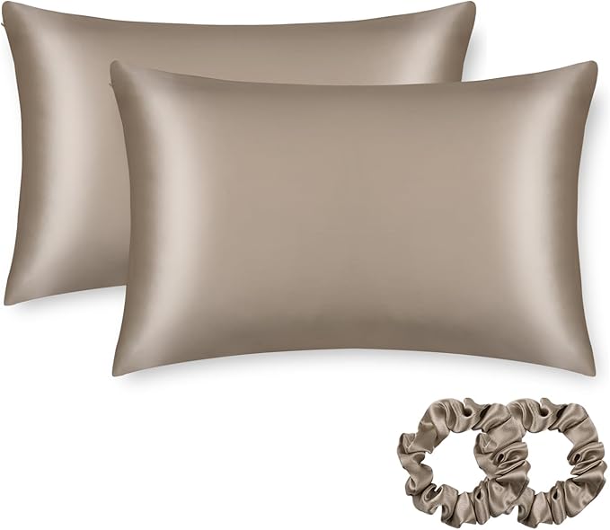 ALASKA BEAR Silk Pillowcase for Hair and Skin, Set of 2 Pure Genuine 22 Momme Mulberry Silk Pillow Cases King Size for Bliss Sleep Better Than Poly Satin, Zipper Closure(2pc, Taupe)