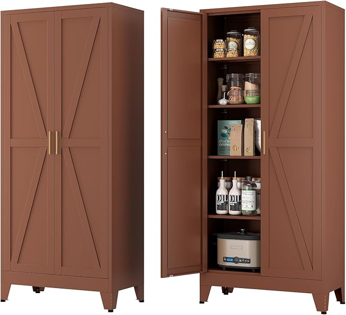 Farmhouse Pantry Cabinet with Barn Doors, 71" H x 31.5" W, 5-Tier Metal Storage Cabinet with 4 Adjustable Shelves for Kitchen Garage Dining Room,Brown