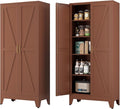 Farmhouse Pantry Cabinet with Barn Doors, 71" H x 31.5" W, 5-Tier Metal Storage Cabinet with 4 Adjustable Shelves for Kitchen Garage Dining Room,Brown