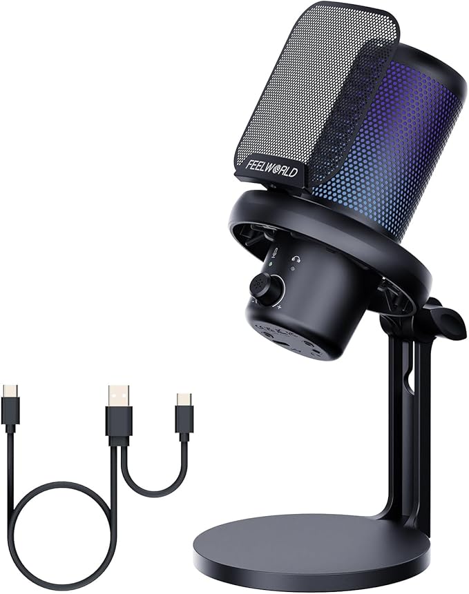 FEELWORLD VM1 Gaming PC USB Microphone Condenser Mic with Noise Cancellation Mute RGB Light, Computer Accessories Gifts for Gamer YouTube Twitch Podcast Streaming Recording Online Chat PS4 PS5