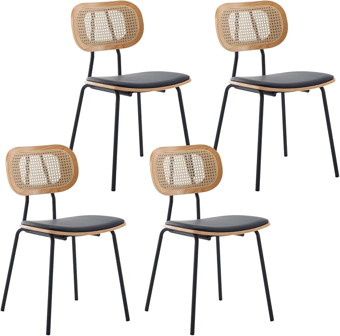 HEAH-YO Modern Dining Chairs Set of 4, Upholstered Faux Leather Dining Room Chairs with Rattan Backrest and Metal Legs, Armless Kitchen Chairs for Dining Room, Black