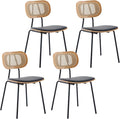 HEAH-YO Modern Dining Chairs Set of 4, Upholstered Faux Leather Dining Room Chairs with Rattan Backrest and Metal Legs, Armless Kitchen Chairs for Dining Room, Black