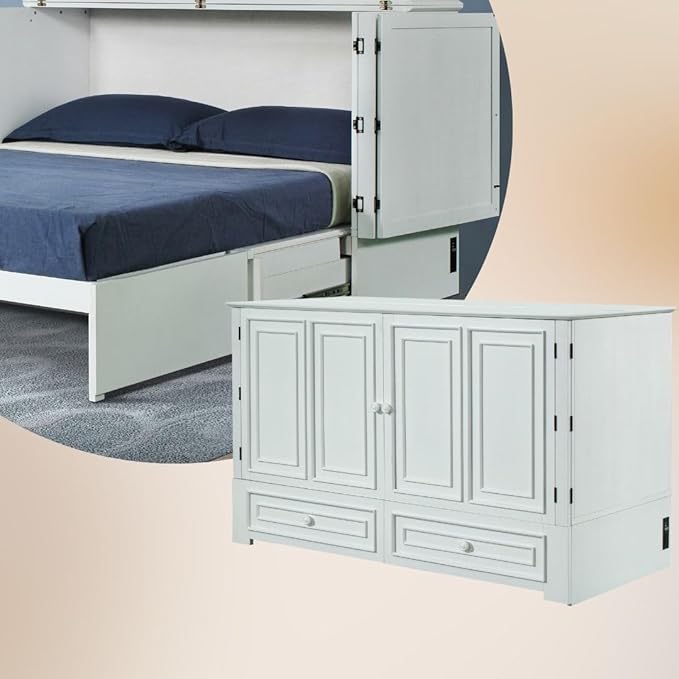 Emurphybed Paradiseo Murphy Cabinet Chest Bed with Charging Station 6 Inch, Queen (White)