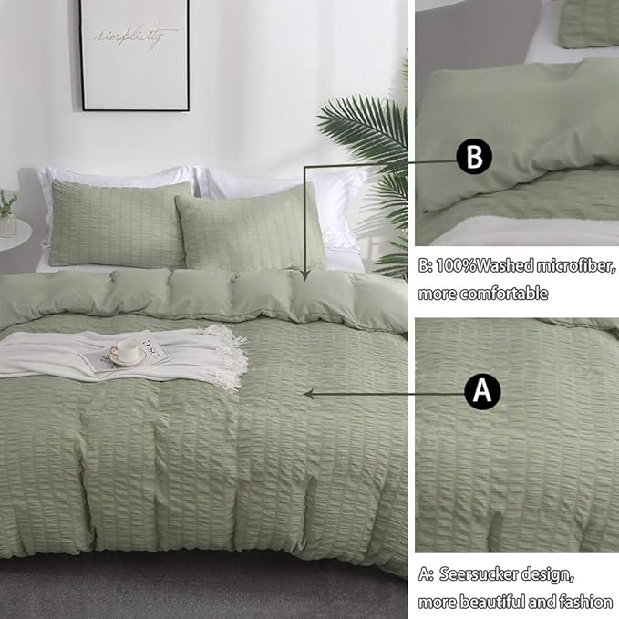 AveLom Green Duvet Cover King(104 x 90 inches), 3 Pieces (1 Duvet Cover, 2 Pillow Cases),Seersucker Tripe Soft Washed Microfiber Textured Duvet Cover Set with Zipper Closure, Corner Ties