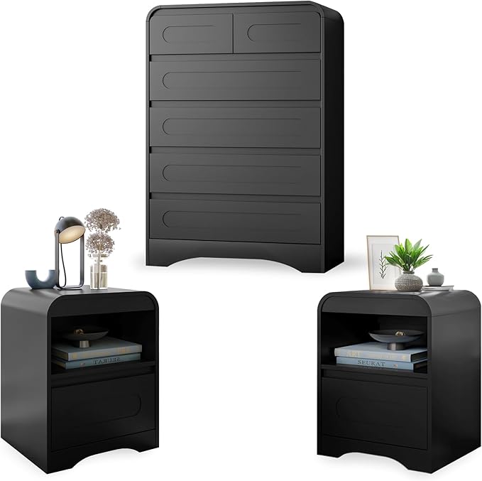 3 Piece Bedroom Set, Dresser and Nightstand Sets for Bedroom, Wood 6 Drawer Dresser & Night Stand Set of 2, Tall Chest of Drawers Modern Storage Cabinet Bedroom Furniture Set, Black