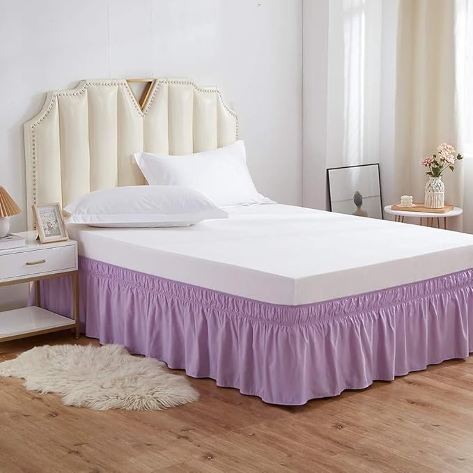 MEILA Wrap Around Bed Skirt Three Fabric Sides Elastic Dust Ruffled 18 Inch Tailored Drop,Easy to Install Fade Resistant-Light Purple, Queen/King