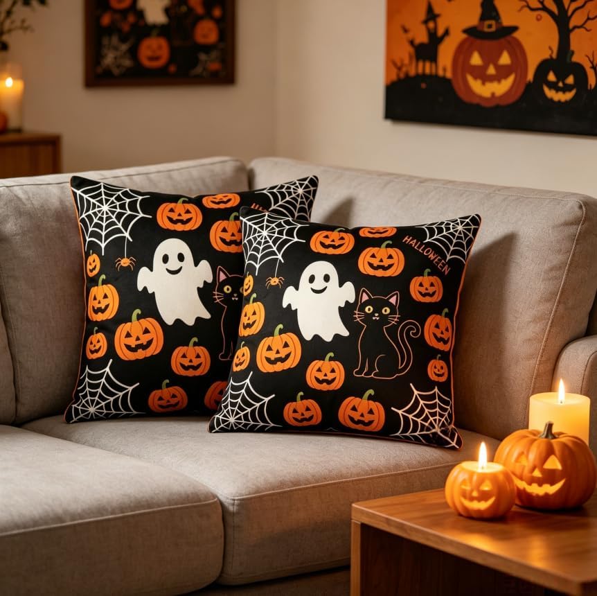 Halloween Throw Pillow Covers, Ghost Pumpkin Spider Web Black Cat Design - Image 3