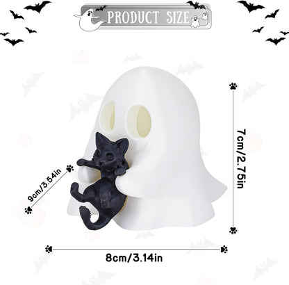 1 Pcs Halloween Ghost Figurine Cute Desktop Ornament Cute Cartoon Little Ghost Hugging Kitten Designs Resin Spooky Halloween Statue for Home Offince Art Display Decor Suppies