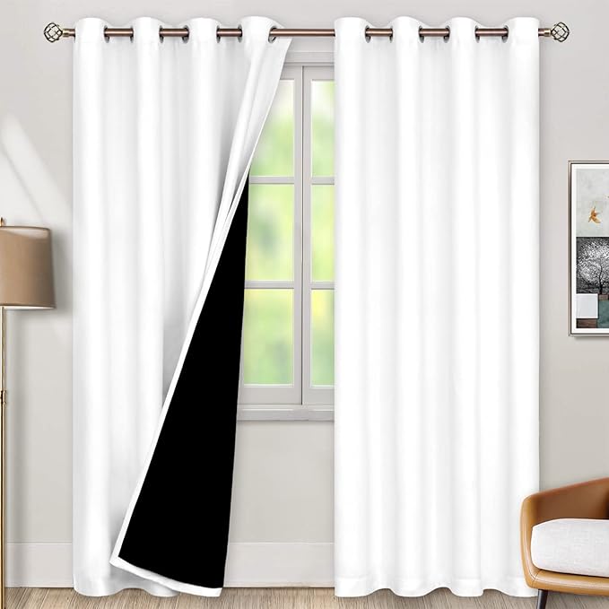 BGment Thermal Insulated 100% Blackout Curtains for Bedroom with Black Liner, Double Layer Full Room Darkening Noise Reducing Grommet Curtain (46 x 90 Inch, Pure White, 2 Panels)
