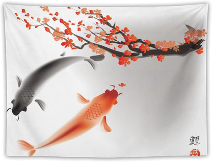 Houselerax Japanese Koi Fish Tapestry, Cherry Blossoms Asian Oriental Flower Branch Koi Fish Carp Tapestries Wall Hanging for Bedroom Living Room Office Decor 90"x60"
