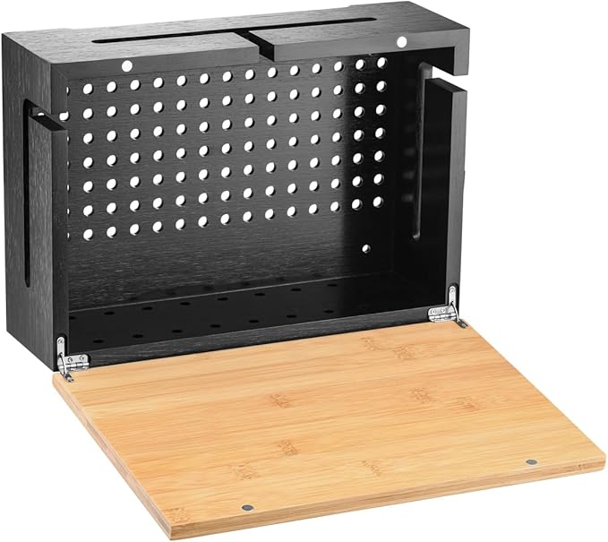 Bamboo Cable Management Box with Magnetic Lid - 12,6x7,9x4.3 in - Durable Cable Organizer to Hide Cords & Power Strip - Wall Mountable - Including Hardware - for Home, Office, Desk & More (Black)