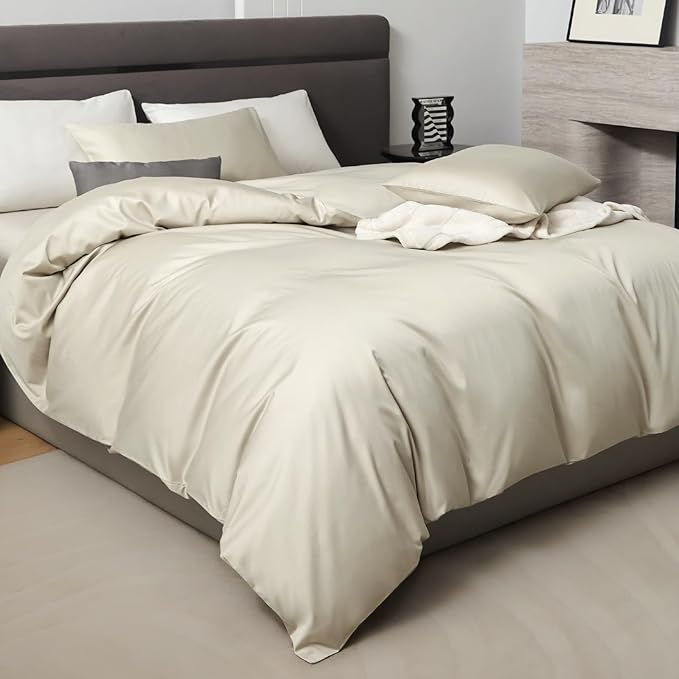 PURE ERA Duvet Cover Set 800 Thread Count Long Staple Cotton Sateen Silky Soft Luxurious Smooth 3 Piece Set Beige Queen