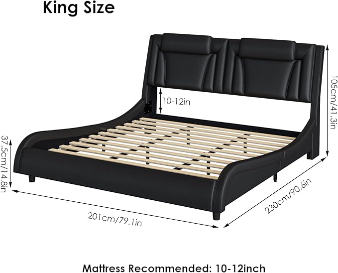Keyluv Modern Upholstered Bed Frame with Adjustable LED Headboard, Pu Leather Platform Bed with Wave-Like Curve Design and Solid Wooden Slats Support, No Box Spring Needed, Noise Free, King, Black