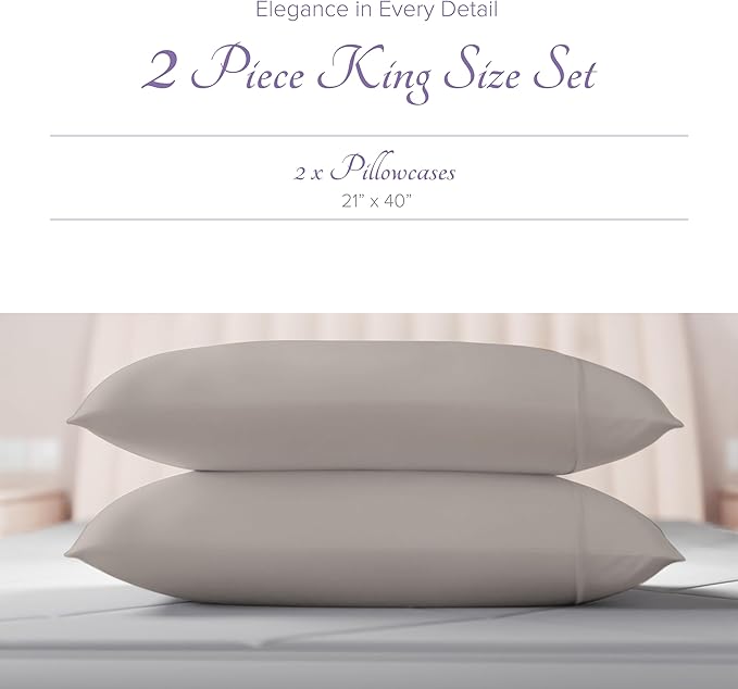 Carressa Linen 100% Egyptian Cotton King Size Pillow Cases Set of 2 - Luxury 600 Thread Count King Pillowcases (Taupe), Silky Soft, Cooling, Breathable Sateen Weave Hotel Quality Bed Pillow Cover