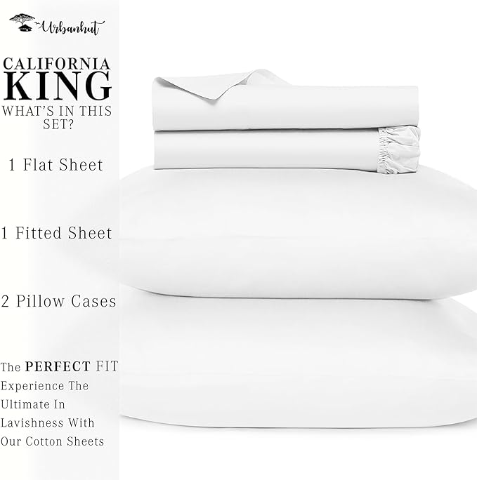 URBANHUT 800 Thread Count 100% Cotton California King Size Sheets, Luxury 4 Piece Cal King Bedsheets, Hotel Sheets Sateen Finish - Better Than Egyptian, 16" Elasticized Deep Pocket - White