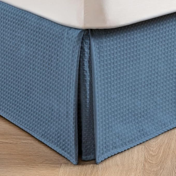 MIYE Pleated Waffle Weave Bed Skirt, Tailored Dust Ruffle 16 Inch Drop Easy Fit, Machine Washable (Blue, Queen - 16" Drop)