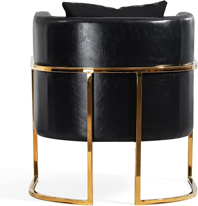 Modern Leather Accent Chair, Mid Century Upholstered Barrel Armchair with Pillow for Living Room, Comfy Single Vanity Chair with Metal Gold Legs for Bedroom, Black