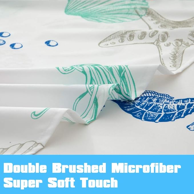 JSD Beach Theme Kids Printed Sheet Set Full, 4 Piece Starfish Jellyfish Coastal Summer Microfiber Bed Sheets Deep Pocket