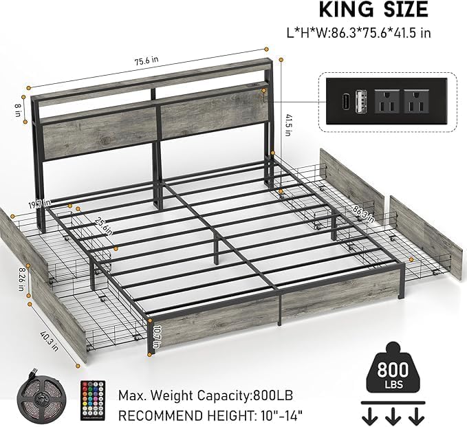 King Size Bed Frame with 4 Storage Drawers and Headboard with Charging Station and LED Lights,2 Tier Solid Wood Headboard Storage/Noise Free/No Box Spring Needed/Remote Control/Rustic Grey