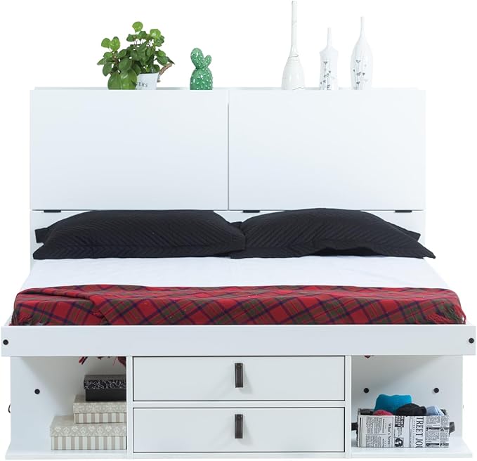 memomad Bali Set: Storage Platform Bed with Drawers + Bookcase Headboard (Queen Size, White Wood)